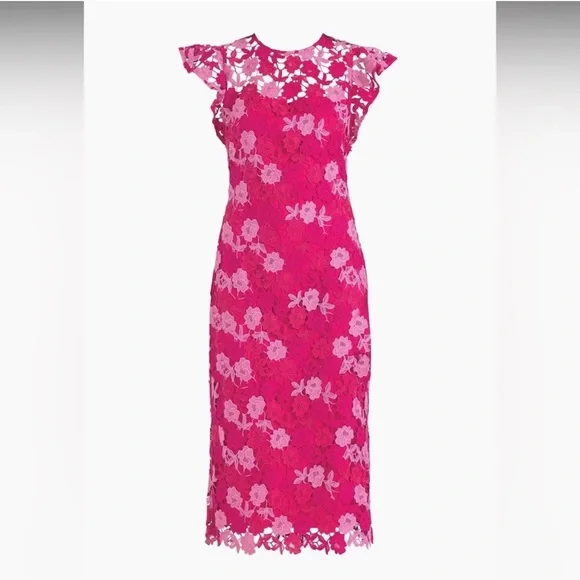 Shoshanna Rachel Floral Lace Midi Dress Magenta Rose cocktail event - Picture 4 of 16